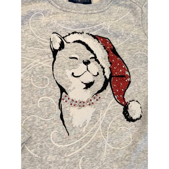 Karen Scott Christmas Cat Graphic Sweatshirt Gray with Red Glitter Size XS Cozy - Picture 2 of 5
